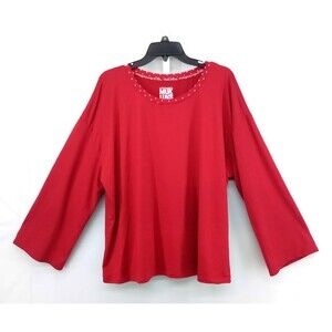 Muks Luks Shirt Women Plus Size 1X Red Long Sleeve Round Neck Holiday Style Top